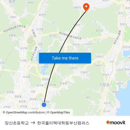 장산초등학교 to 한국폴리텍대학동부산캠퍼스 map
