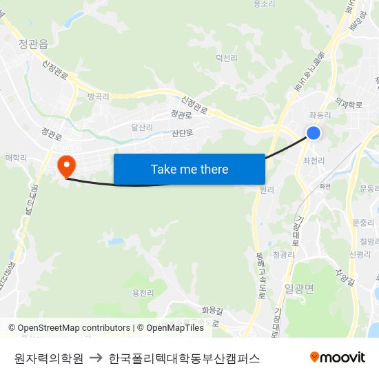 원자력의학원 to 한국폴리텍대학동부산캠퍼스 map