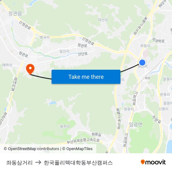 좌동삼거리 to 한국폴리텍대학동부산캠퍼스 map