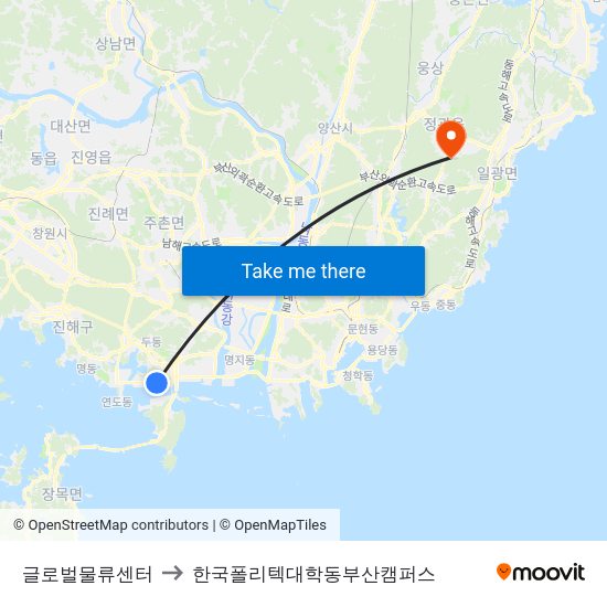 글로벌물류센터 to 한국폴리텍대학동부산캠퍼스 map
