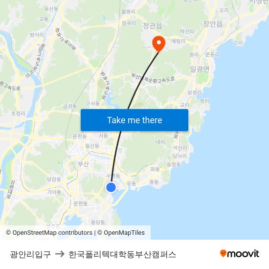 광안리입구 to 한국폴리텍대학동부산캠퍼스 map