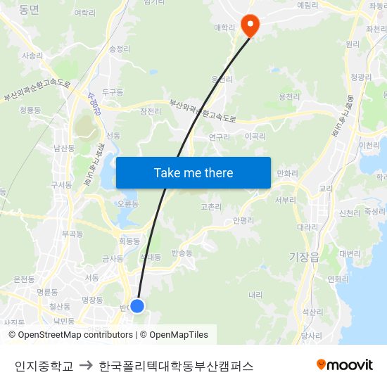 인지중학교 to 한국폴리텍대학동부산캠퍼스 map
