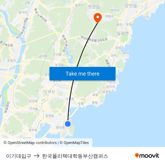 이기대입구 to 한국폴리텍대학동부산캠퍼스 map