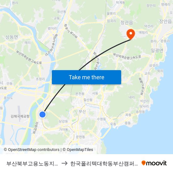 부산북부고용노동지청 to 한국폴리텍대학동부산캠퍼스 map