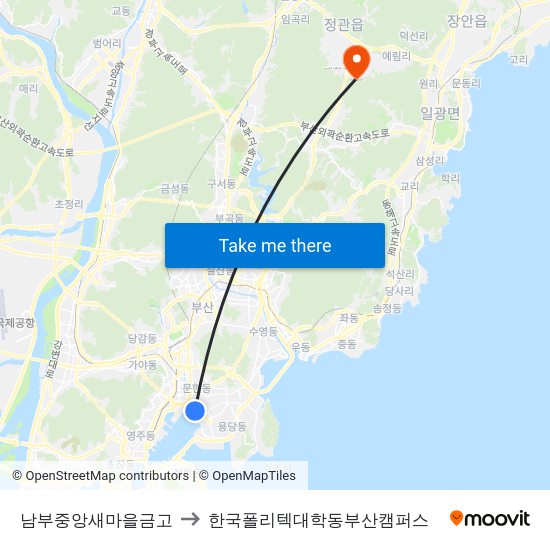 남부중앙새마을금고 to 한국폴리텍대학동부산캠퍼스 map