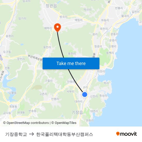 기장중학교 to 한국폴리텍대학동부산캠퍼스 map