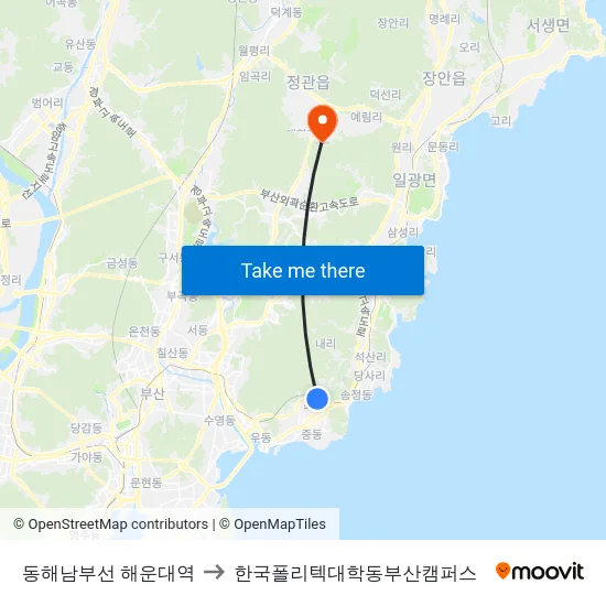동해남부선 해운대역 to 한국폴리텍대학동부산캠퍼스 map
