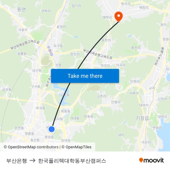 부산은행 to 한국폴리텍대학동부산캠퍼스 map