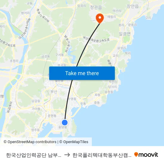 한국산업인력공단 남부지사 to 한국폴리텍대학동부산캠퍼스 map
