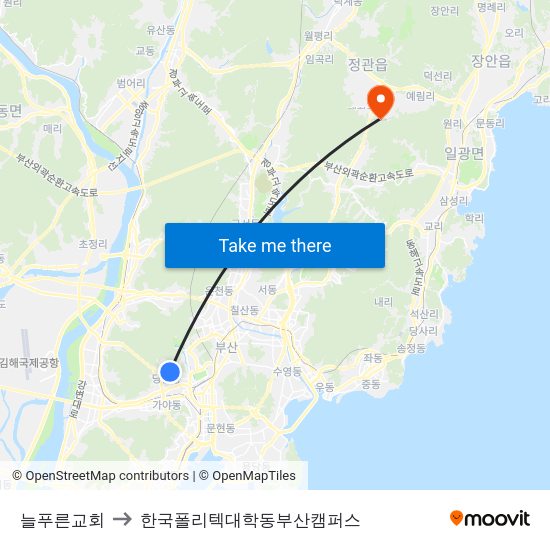 늘푸른교회 to 한국폴리텍대학동부산캠퍼스 map