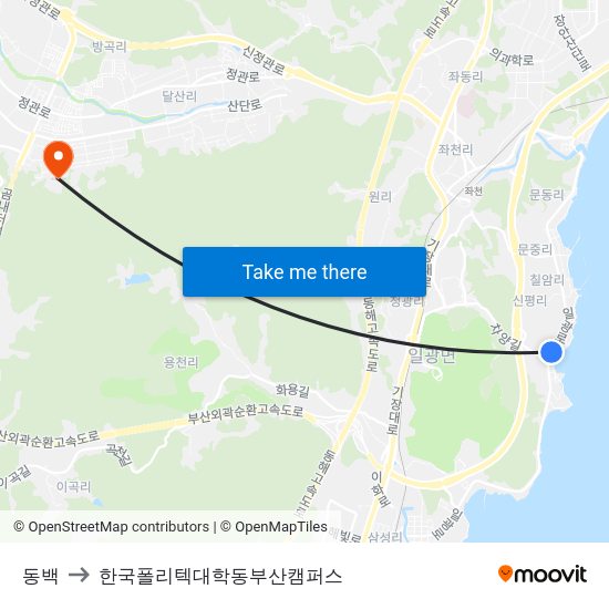 동백 to 한국폴리텍대학동부산캠퍼스 map