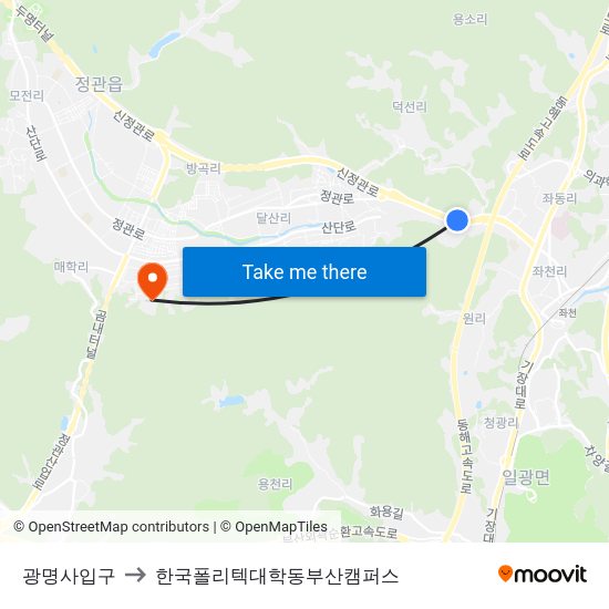 광명사입구 to 한국폴리텍대학동부산캠퍼스 map