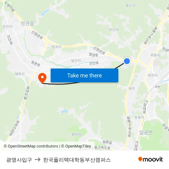 광명사입구 to 한국폴리텍대학동부산캠퍼스 map