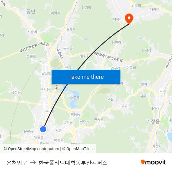 온천입구 to 한국폴리텍대학동부산캠퍼스 map