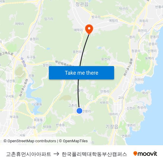 고촌휴먼시아아파트 to 한국폴리텍대학동부산캠퍼스 map
