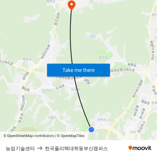 농업기술센터 to 한국폴리텍대학동부산캠퍼스 map