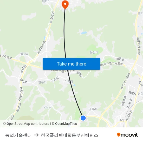 농업기술센터 to 한국폴리텍대학동부산캠퍼스 map