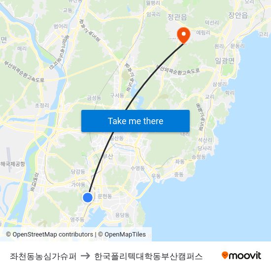 좌천동농심가슈퍼 to 한국폴리텍대학동부산캠퍼스 map