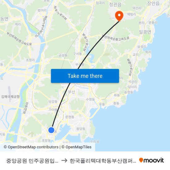 중앙공원 민주공원입구 to 한국폴리텍대학동부산캠퍼스 map