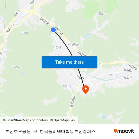 부산추모공원 to 한국폴리텍대학동부산캠퍼스 map