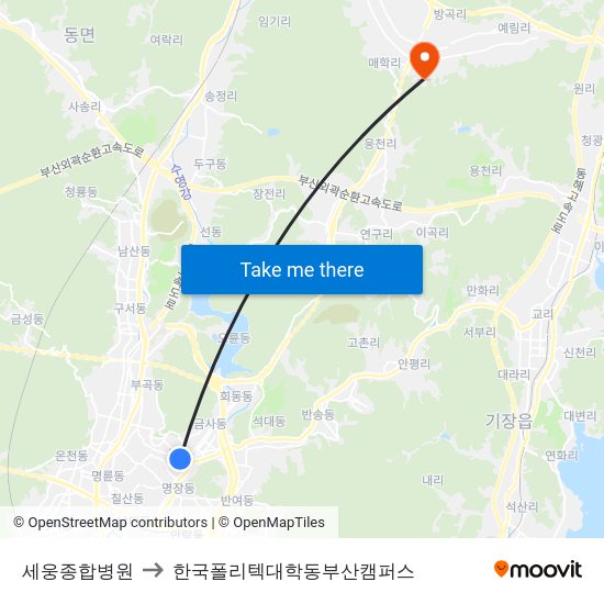 세웅종합병원 to 한국폴리텍대학동부산캠퍼스 map