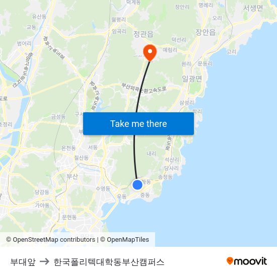 부대앞 to 한국폴리텍대학동부산캠퍼스 map