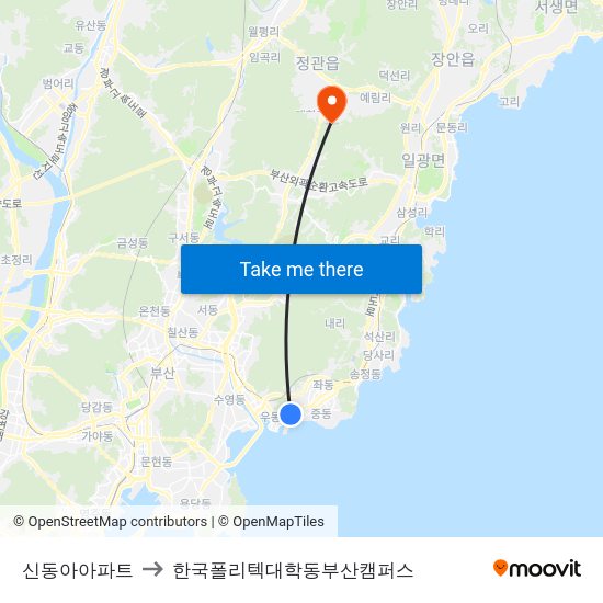 신동아아파트 to 한국폴리텍대학동부산캠퍼스 map