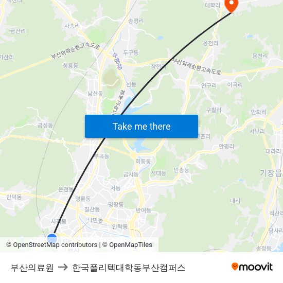 부산의료원 to 한국폴리텍대학동부산캠퍼스 map