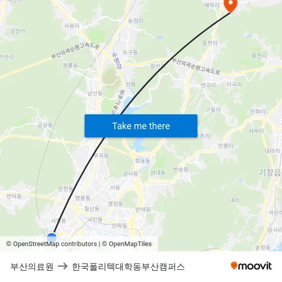 부산의료원 to 한국폴리텍대학동부산캠퍼스 map