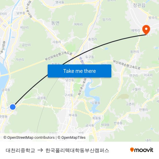대천리중학교 to 한국폴리텍대학동부산캠퍼스 map