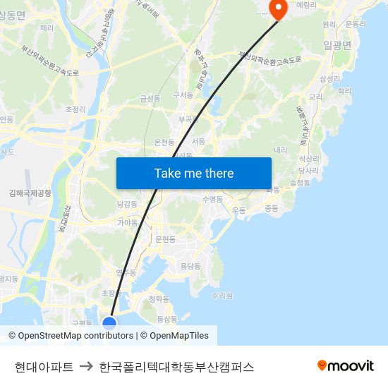 현대아파트 to 한국폴리텍대학동부산캠퍼스 map