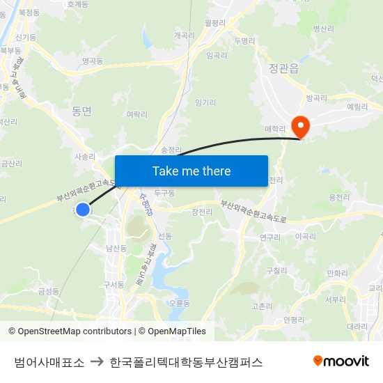 범어사매표소 to 한국폴리텍대학동부산캠퍼스 map