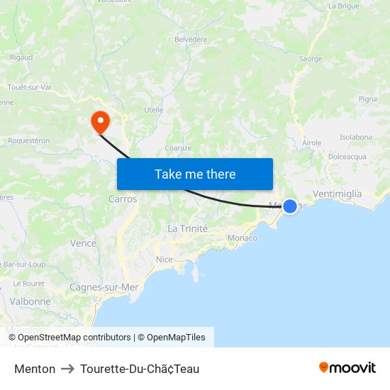 Menton to Tourette-Du-Chã¢Teau map