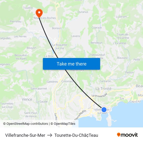 Villefranche-Sur-Mer to Tourette-Du-Chã¢Teau map