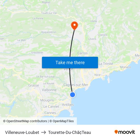Villeneuve-Loubet to Tourette-Du-Chã¢Teau map