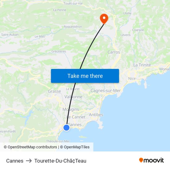 Cannes to Tourette-Du-Chã¢Teau map