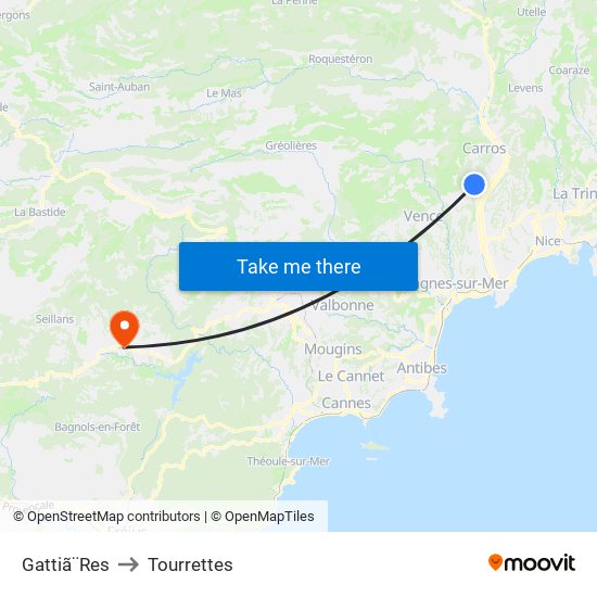 Gattiã¨Res to Tourrettes map
