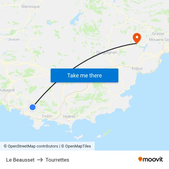Le Beausset to Tourrettes map
