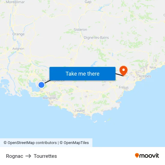 Rognac to Tourrettes map