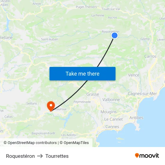 Roquestéron to Tourrettes map