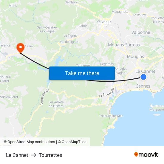 Le Cannet to Tourrettes map