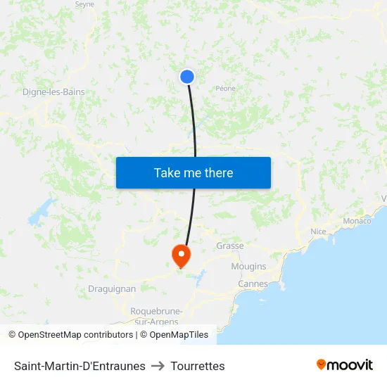 Saint-Martin-D'Entraunes to Tourrettes map