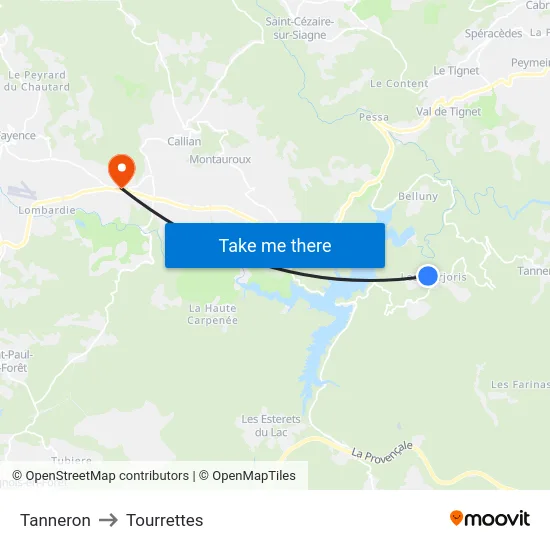 Tanneron to Tourrettes map