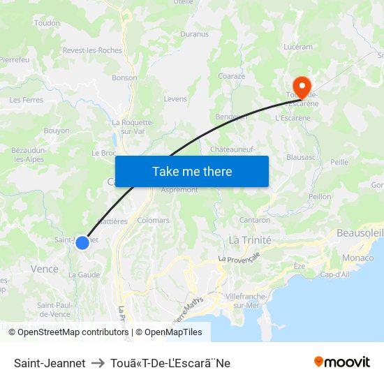 Saint-Jeannet to Touã«T-De-L'Escarã¨Ne map