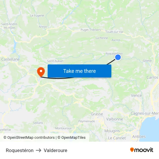 Roquestéron to Valderoure map