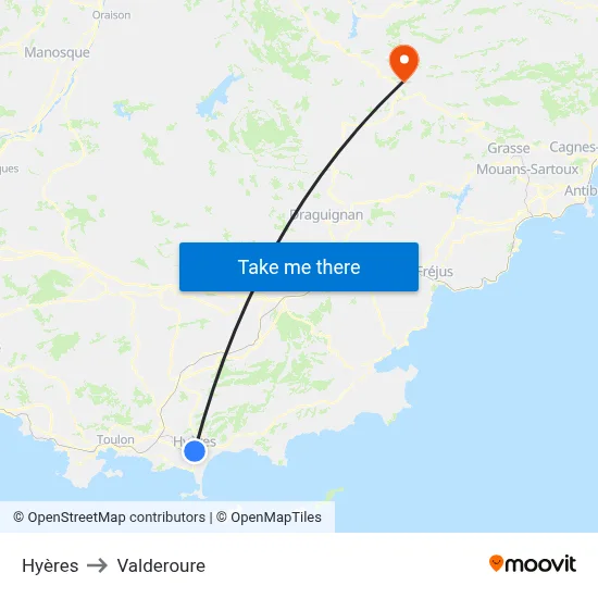 Hyères to Valderoure map