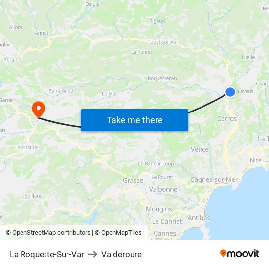 La Roquette-Sur-Var to Valderoure map