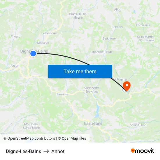 Digne-Les-Bains to Annot map