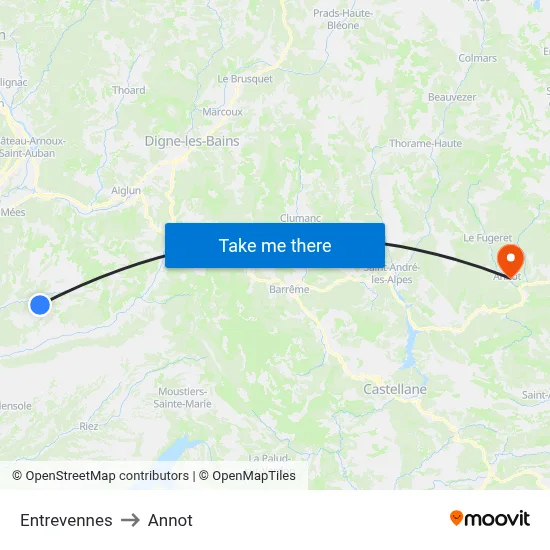 Entrevennes to Annot map