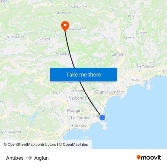 Antibes to Aiglun map
